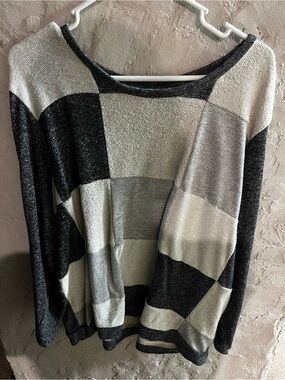 CJ Banks Black & Gray Patchwork Crew Neck Sweater